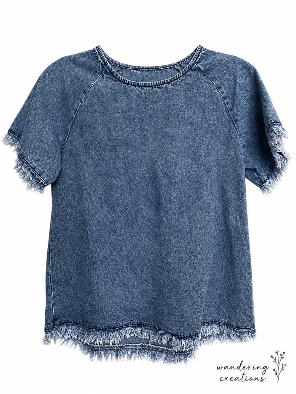 Denim Frayed Sleeve & Hem Top - Blue